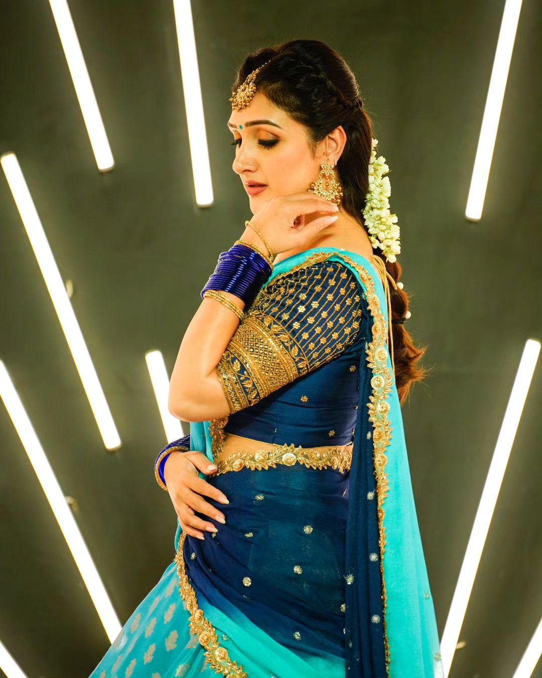 Telugu Tv Actress Sridevi Vijaykumar in Sky Blue Lehenga Choli